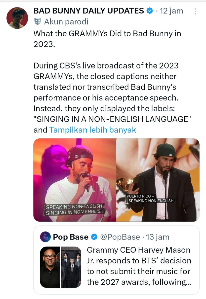 sllaaaxss_'s tweet photo. @haru_koji @browsnugar @hypebleasy Lu mah gk bakalan tau rasa nya di rasis in, karna idol lu blom pernah ngerasain. Fans bad bunny aja ikut speak up gimana rasis nya grammy ke bad bunny. Meanwhile orng indo rela puja² industri rasis hanya karna bitter ke bts wkwk https://t.co/SvXhUGeXq0