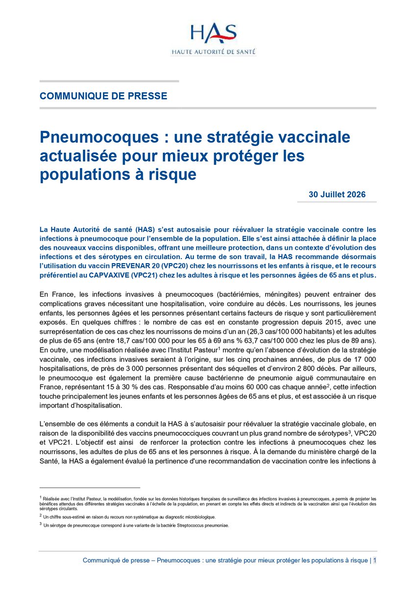HAS_sante's tweet photo. #Communiqué | Pneumocoques : une stratégie vaccinale actualisée pour mieux protéger les populations à risque
👉 https://t.co/dleipBYBgs https://t.co/UnrQfq0mzX