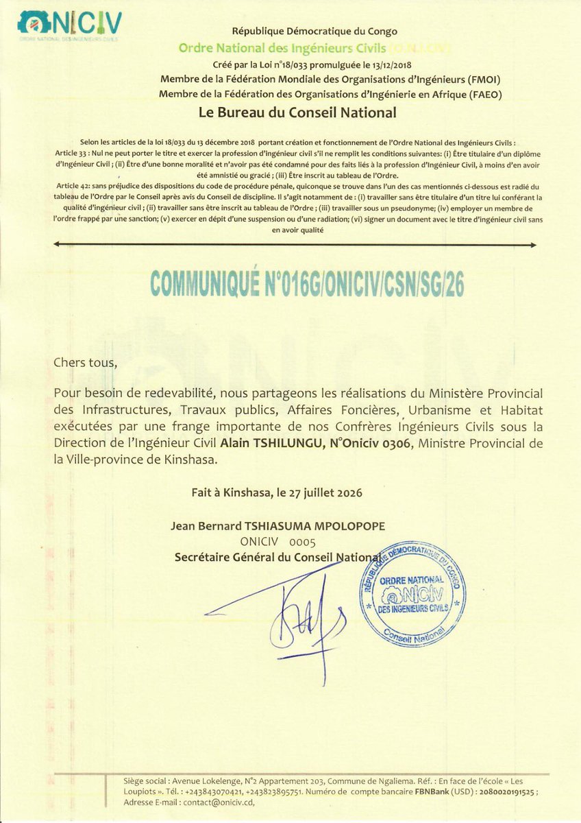 KinshasaITP's tweet photo. 🚧🚧 Kinshasa – Infrastructures : l’ONICIV salue les réalisations du ministre Alain Tshilungu dans la transformation de la voirie urbaine

L’Ordre National des Ingénieurs Civils de la République démocratique du Congo (ONICIV) a salué les efforts inlassables déployés dans la ville-province de Kinshasa en matière de réhabilitation et de modernisation de la voirie urbaine.

Dans un communiqué signé par son secrétaire général, Jean Bernard Tshiasuma Mpolopope, inscrit au tableau de l’ONICIV sous le numéro 0005, cette organisation professionnelle affirme partager les réalisations du ministère provincial des Infrastructures, Travaux Publics, Affaires Foncières, Urbanisme et Habitat, dirigé par Son Excellence Alain Tshilungu, lui-même ingénieur civil inscrit à l’ONICIV sous le numéro 0306.

L’ONICIV justifie cette démarche par un devoir de redevabilité envers l’un de ses membres, qui se distingue, selon elle, par l’ampleur du travail accompli à la tête du ministère des ITP depuis sa nomination. « Pour besoin de redevabilité, nous partageons les réalisations du Ministère provincial des Infrastructures, Travaux publics, Affaires Foncières, Urbanisme et Habitat exécutées par une frange importante de nos confrères ingénieurs civils sous la direction de l’Ingénieur civil Alain Tshilungu, N° ONICIV 0306, Ministre provincial de la Ville-province de Kinshasa », peut-on lire dans ce document.

Le ministre Alain Tshilungu met en œuvre le programme « Kinshasa Ezo Bonga », initié par le gouverneur Daniel Bumba, en s’appuyant sur les six engagements du Chef de l’État, Félix Tshisekedi Tshilombo. Dans ce cadre, plusieurs chantiers sont en cours d’exécution à travers la capitale, avec déjà plus de 160 kilomètres linéaires de voirie livrés. La reconnaissance exprimée par l’ONICIV intervient dans ce contexte.

S’étendant sur une superficie de 9 965 km², Kinshasa dispose d’un réseau routier de plus de 4 000 kilomètres linéaires, dont 1 000 kilomètres revêtus. Parmi ces derniers, plus de 700 kilomètres se trouvaient dans un état de délabrement très avancé. Face à cette situation, l’Exécutif provincial s’est fixé pour objectif de construire et de réhabiliter 2 000 kilomètres de voirie pour 5 ans, conformément au programme de développement porté par l’Autorité urbaine.

Cellcom MIN.ITP-AFUH