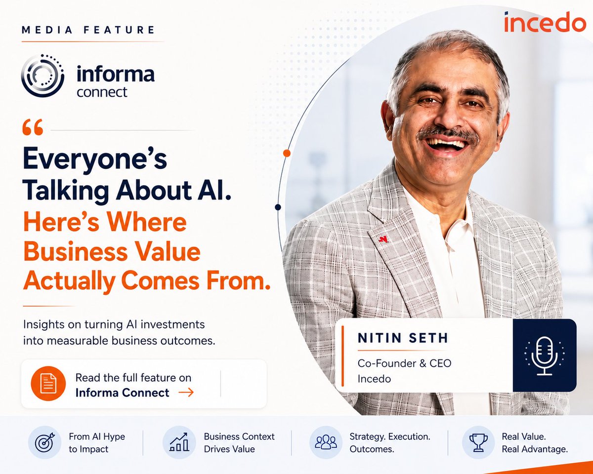 IncedoInc's tweet photo. AI is everywhere. But where does real business value actually come from?

In the latest feature with Informa Connect, our Co-Founder & CEO, @seth_nitin, explores one of the most important questions facing business leaders today: why AI investments often fall short of expectations and what it takes to turn AI into measurable business outcomes. 

Drawing on decades of experience helping enterprises navigate digital transformation, Nitin shares a practical perspective on moving beyond experimentation to impact.

The article explores:
• Why technology alone doesn't create competitive advantage.
• How business context is the missing ingredient in many AI initiatives.
• What leaders must do to bridge the gap between AI adoption and measurable value creation.

As organizations accelerate their AI journeys, the winners won't be those who adopt AI the fastest—they'll be the ones who connect AI to business strategy, execution, and outcomes.

Read the full feature here: https://t.co/6bw6huhSy2

#ArtificialIntelligence #BusinessTransformation #DigitalTransformation #Leadership #Innovation #EnterpriseAI #BusinessValue #Incedo