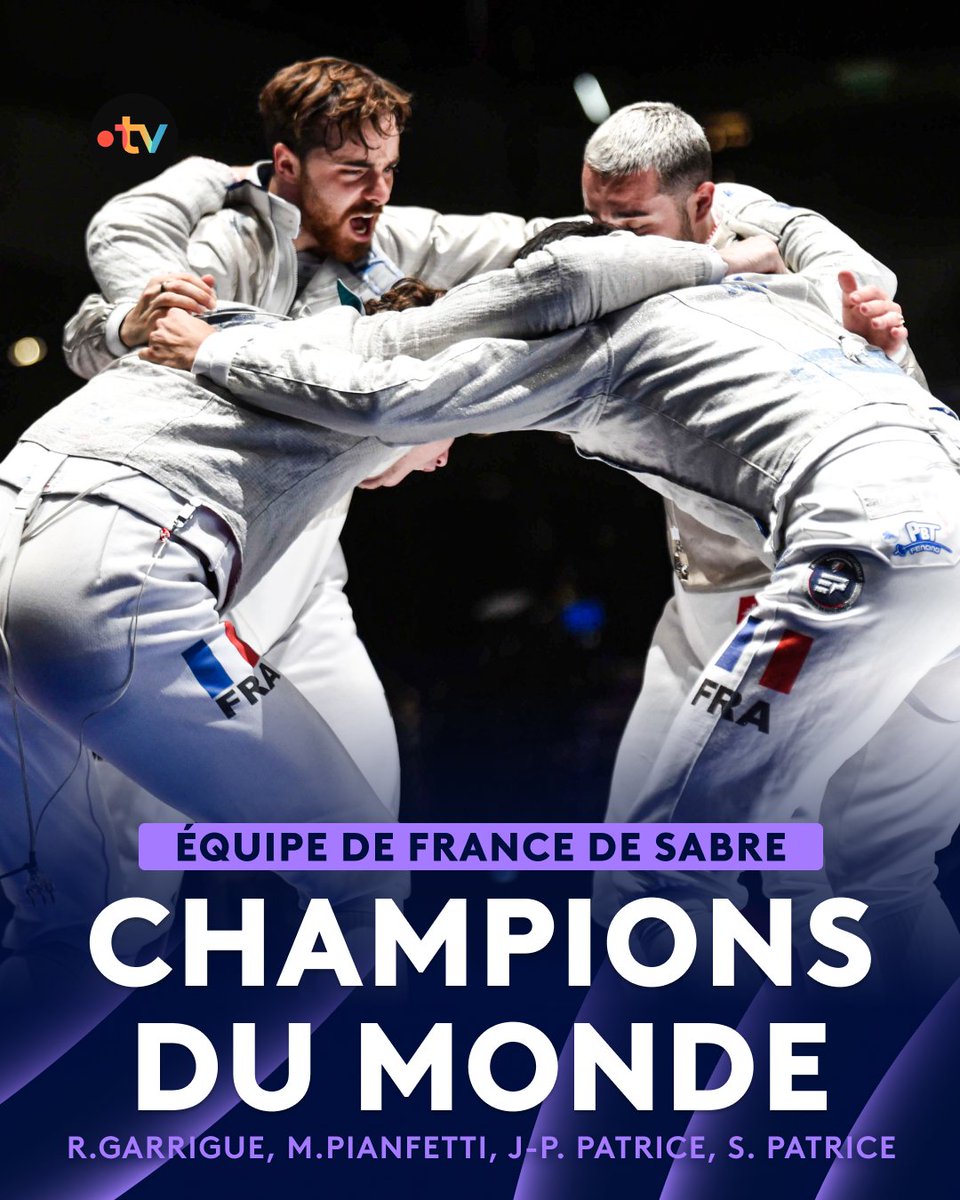 francetvsport's tweet photo. 🤺 #Escrime | 🇫🇷 L'équipe de France de sabre sacrée championne du monde !

🥇 En clôture des Mondiaux d'escrime à Hong Kong, les Bleus ont décroché l'or face à la Corée du Sud (45-31) : félicitations à Rémi Garrigue, Maxime Pianfetti, Jean-Philippe Patrice et Sébastien Patrice ! https://t.co/6qQQwMFonZ