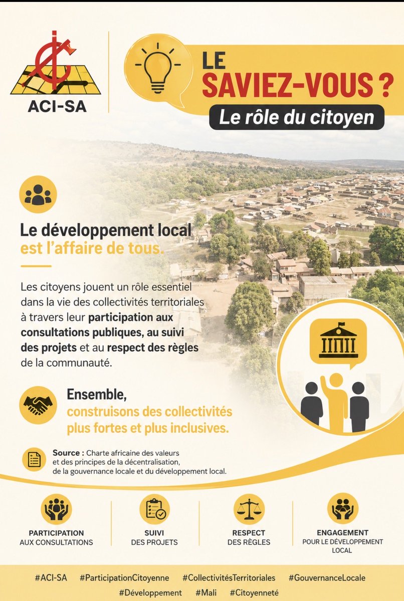 ACIAgence's tweet photo. 💡 LE SAVIEZ-VOUS ?Le rôle du citoyen
Le développement local est l’affaire de tous.
#ACISA #ParticipationCitoyenne #CollectivitésTerritoriales #GouvernanceLocale #Développement #Mali #Citoyenneté https://t.co/4H1orC5XRM