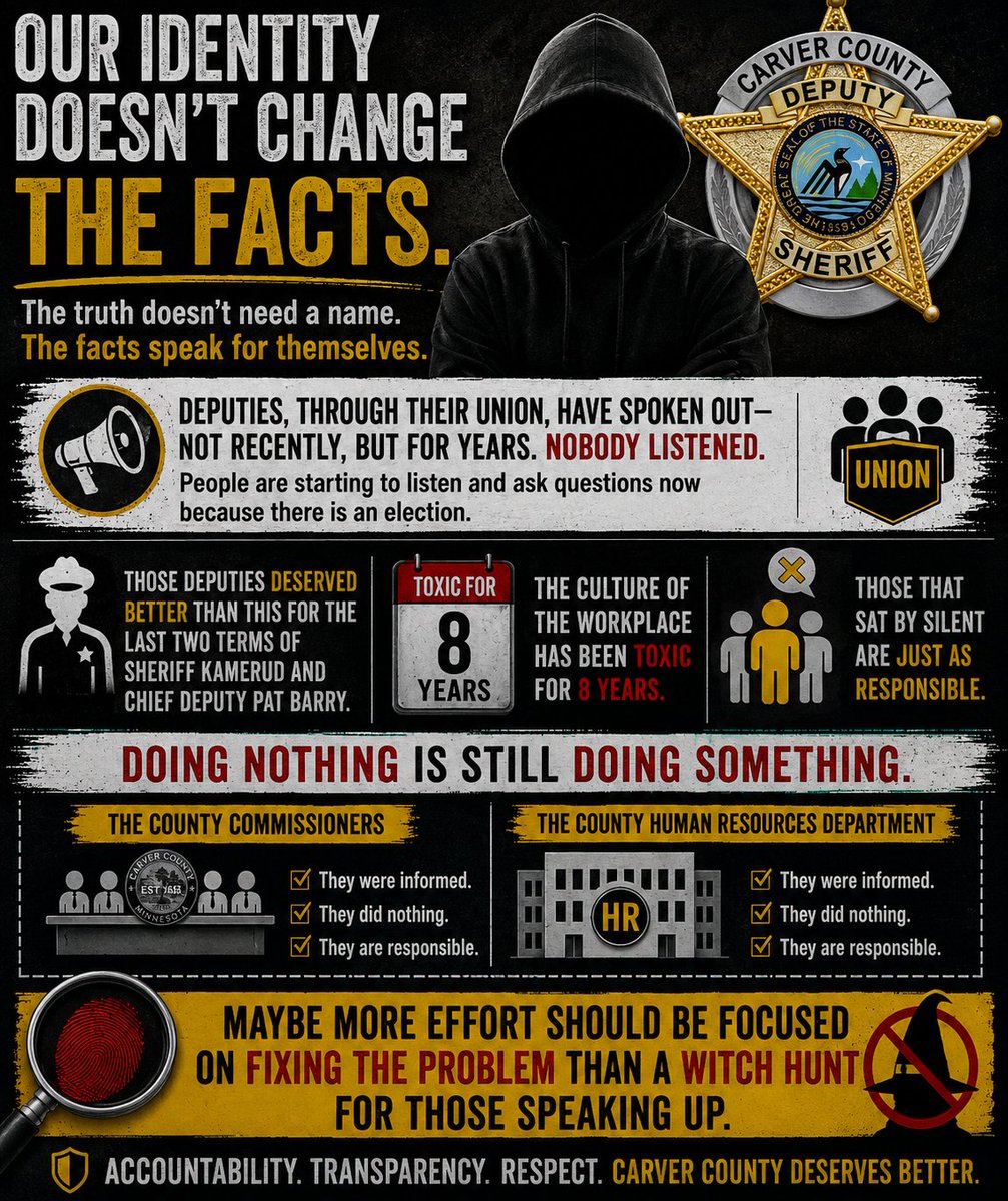 CarverExposed's tweet photo. 🚨 Our identity doesn't change the facts.

Deputies raised concerns through their union for years. Those concerns were known long before this election.

Maybe the focus should be on fixing the problem—not on a witch hunt to identify those speaking up.

The facts deserve answers. https://t.co/eEz7w1QfkV