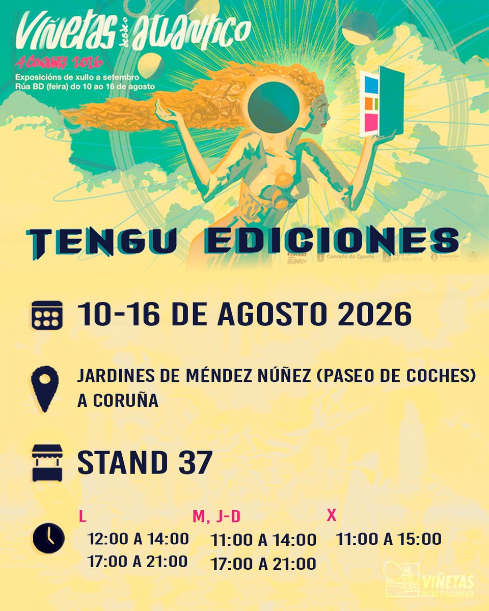 TenguEdiciones's tweet photo. Del 10 al 16 de agosto podréis encontrarnos en Viñetas desde el Atlántico 🤗

Además este año nuestro editor realizará una presentación de novedades para lo que resta de año 😊 ¡no os lo perdáis!

Presetanción de novedades ➡️ Lunes 10 - 17:30  Carpa Rúa BD

¡Os esperamos! https://t.co/wQBfWV7Led