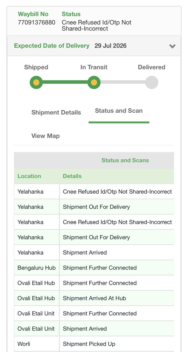 Iyeruae's tweet photo. @BlueDart_ @BlueDartCares  - New type of scam by Blue dart … My way 77091376880.. the Delivery agent doesn’t come to my home .. reported.. wrong OTP / Not Shared etc…. Is the agent playing or it corporate scam… https://t.co/sO0J8ueXi0