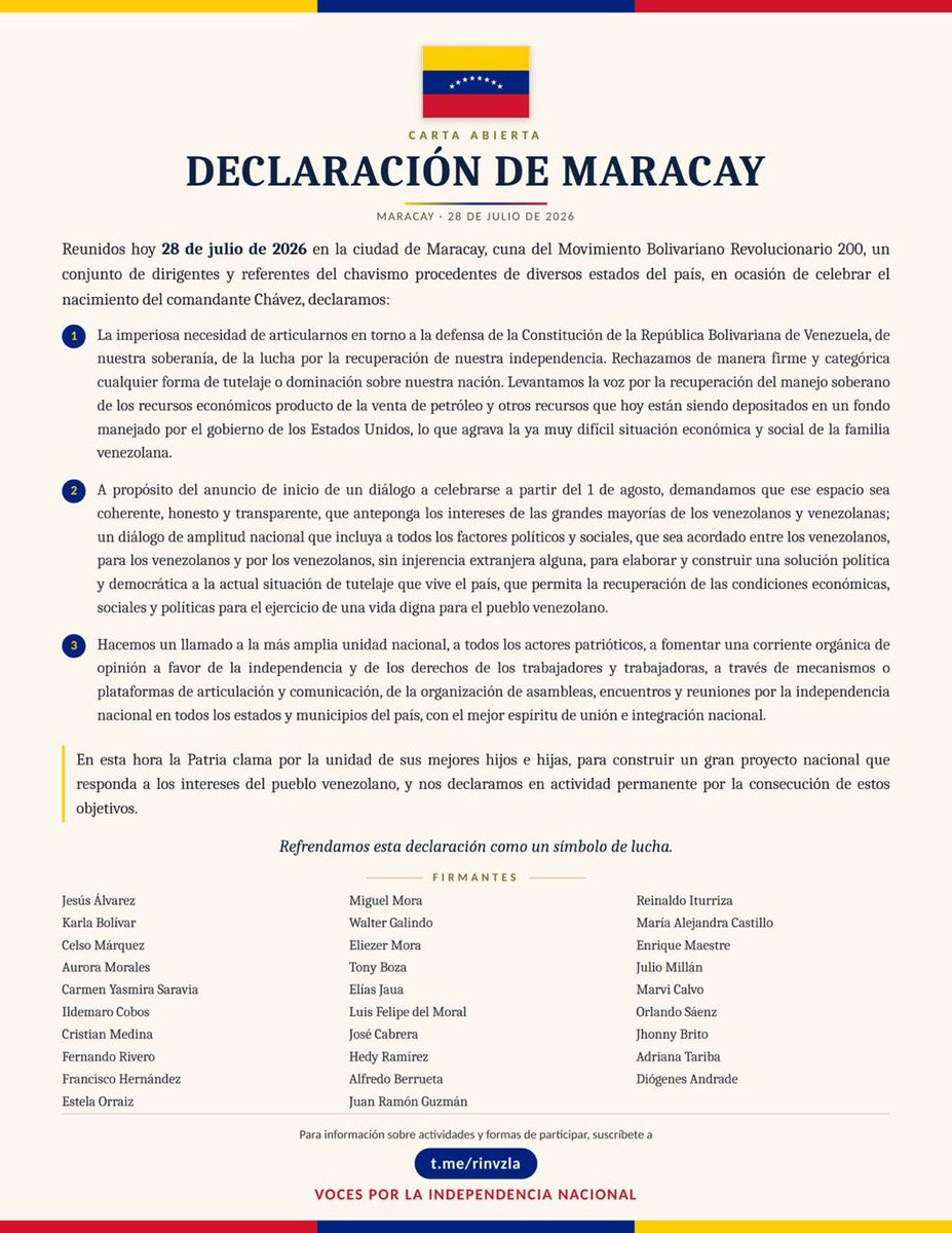 Juanegron's tweet photo. 🚨 | Parece que va en serio la coalición chavista contra la cúpula del régimen, integrada también por chavistas como Delcy Rodríguez, Jorge Rodríguez y Diosdado Cabello.

Llama la atención que este comunicado lleve el nombre de Elías Jaua. Es algo que, en décadas, jamás habíamos visto y que aumenta la presión sobre el régimen.

Si terminan encarcelando a su propia base, solo les quedarían la guerrilla comunicacional y los militares corruptos para respaldarlos.
