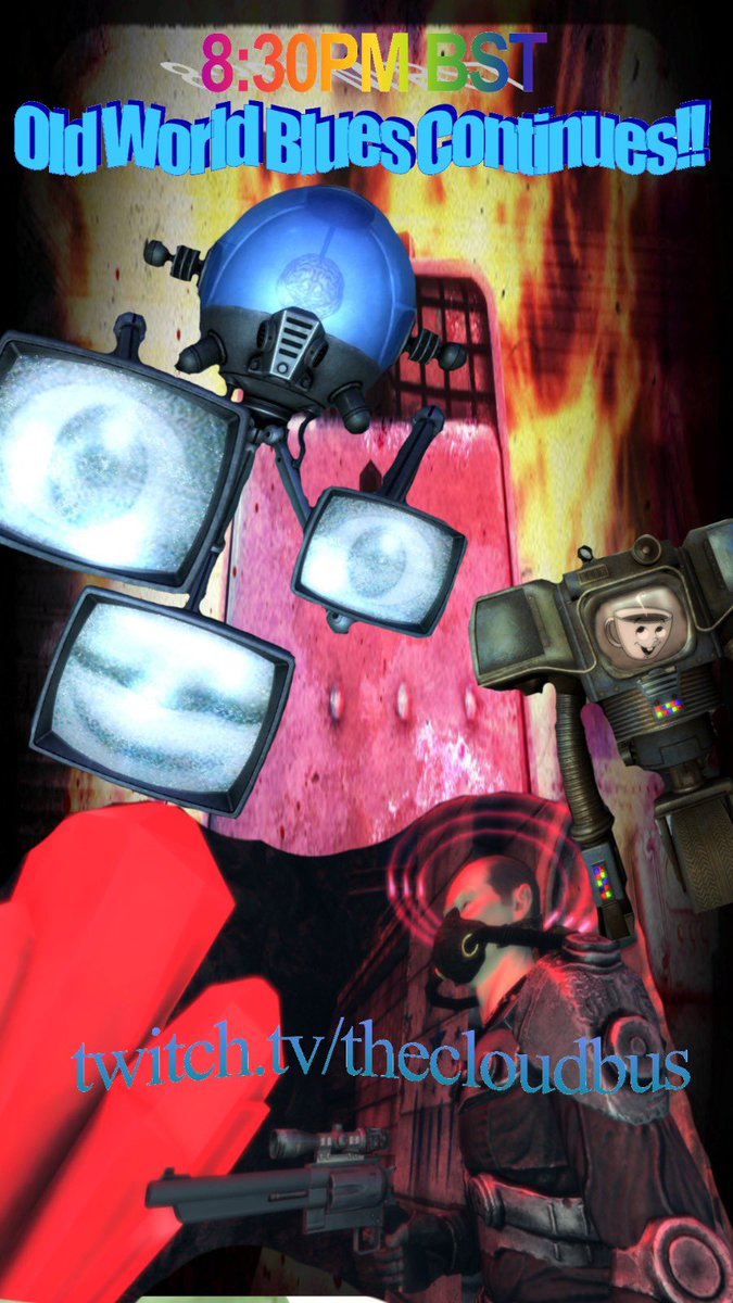 The_CloudBus's tweet photo. Old World Blues Continues tonight 8:30PM BST! Will the toaster nuke the world? Will muggy get his mugs? Find out tonight!

https://t.co/5VELfwn1r3
#FalloutNewVegas #OldWorldBlues #Fallout #Twitch https://t.co/7TBMJSVnYx