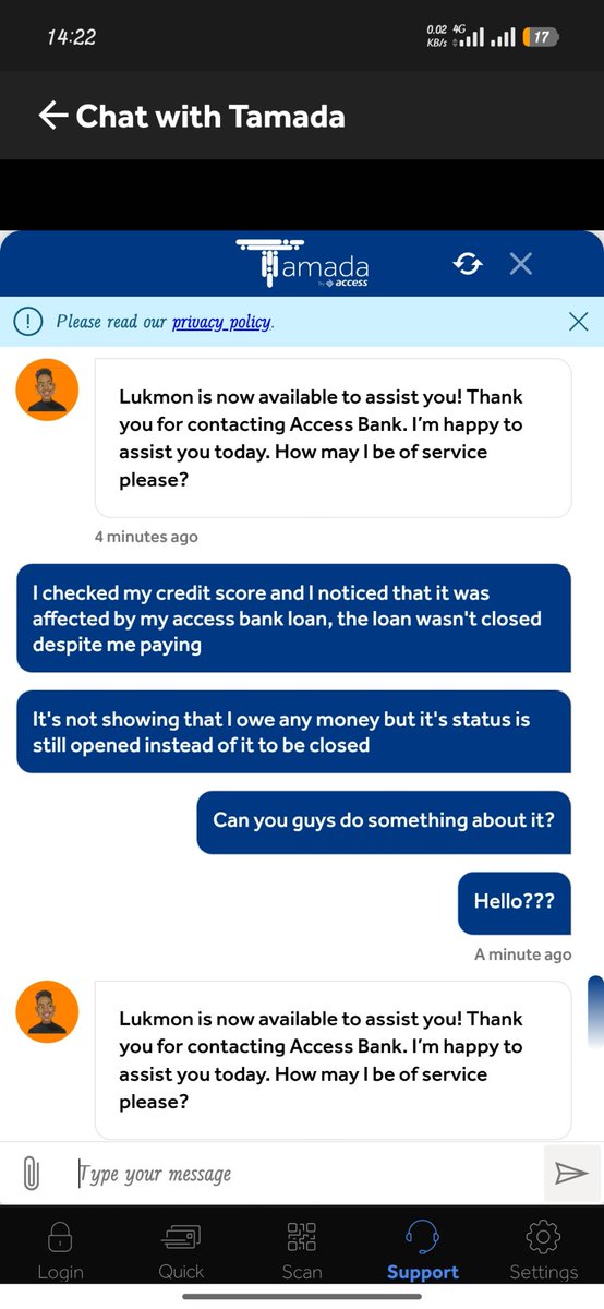 dami3700's tweet photo. @accessbank_help @access_more so this is how Ur customer care chat will keep going
No response you just end the chat just like that? https://t.co/KJlmuIqolC