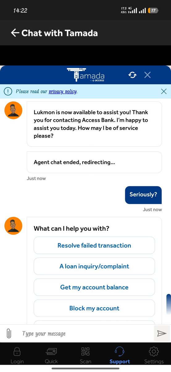 dami3700's tweet photo. @accessbank_help @access_more so this is how Ur customer care chat will keep going
No response you just end the chat just like that? https://t.co/KJlmuIqolC