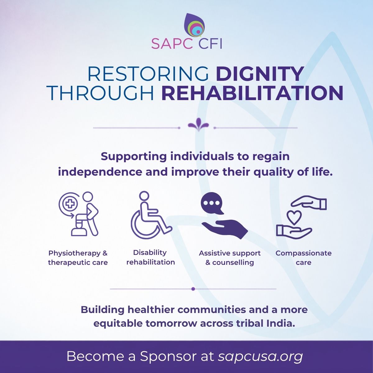 SAPCUSA's tweet photo. Through VRDP, individuals across rural India receive rehabilitation, physiotherapy, counselling, and long-term support to regain independence and hope.
Support this mission by sponsoring the SAPC CFI Gala 2026. Learn more: https://t.co/zfDIaKGdue https://t.co/nMKi6Pim2x