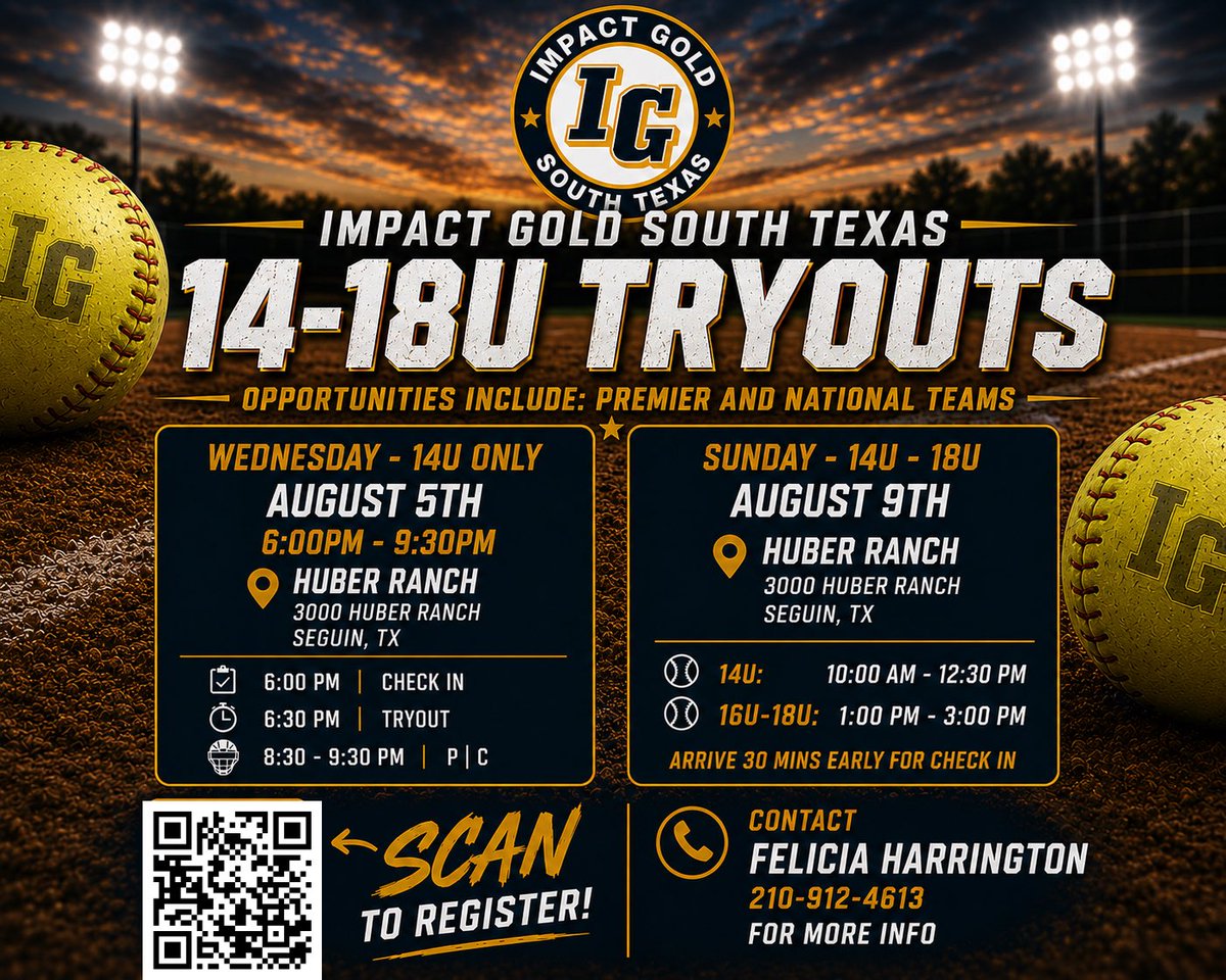 coachjose_flo4's tweet photo. 11 days till Tryouts
Impact Gold STX Premier 16u

New Colors, New support, and New goals. 

Head Coach Jose Flores

Tryout Information 
Sunday August 9, 2026
Location: Seguin “Huber Ranch”
3000 Huber Rd, Seguin, TX. 
Time: 1pm - 3pm 
👇
@ImpactGoldOrg @harringtonf12 https://t.co/0hSderFqfI