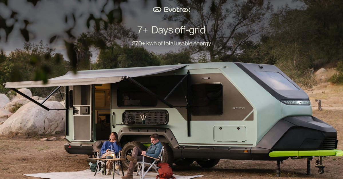 EvotrexNow's tweet photo. No hookups. No range anxiety. No rationing comfort. PG5 combines a 43 kWh LFP battery, 1.5 kW solar, and a 75 kW onboard generator for 270+ kWh of total usable energy and 7+ days off-grid.
Stay longer with PG5.