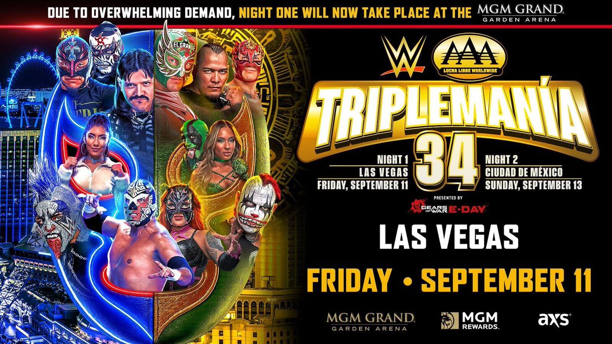 LuigiWrestling's tweet photo. 👀 WWE anuncia que la Noche 1 de Triplemanía 34 cambia de sede, dentro de Las Vegas, y tendrá lugar en el MGM Grand Garden Arena debido a la "gran demanda" de tickets que tenía el evento.

Para que nos hagamos una idea, el Luxor Las Vegas (donde iba a ser el show) tiene una capacidad de 1.500 espectadores. La nueva arena, 16.000 aproximados.

Es una gran noticia. El boom de AAA es muy, muy fuerte.