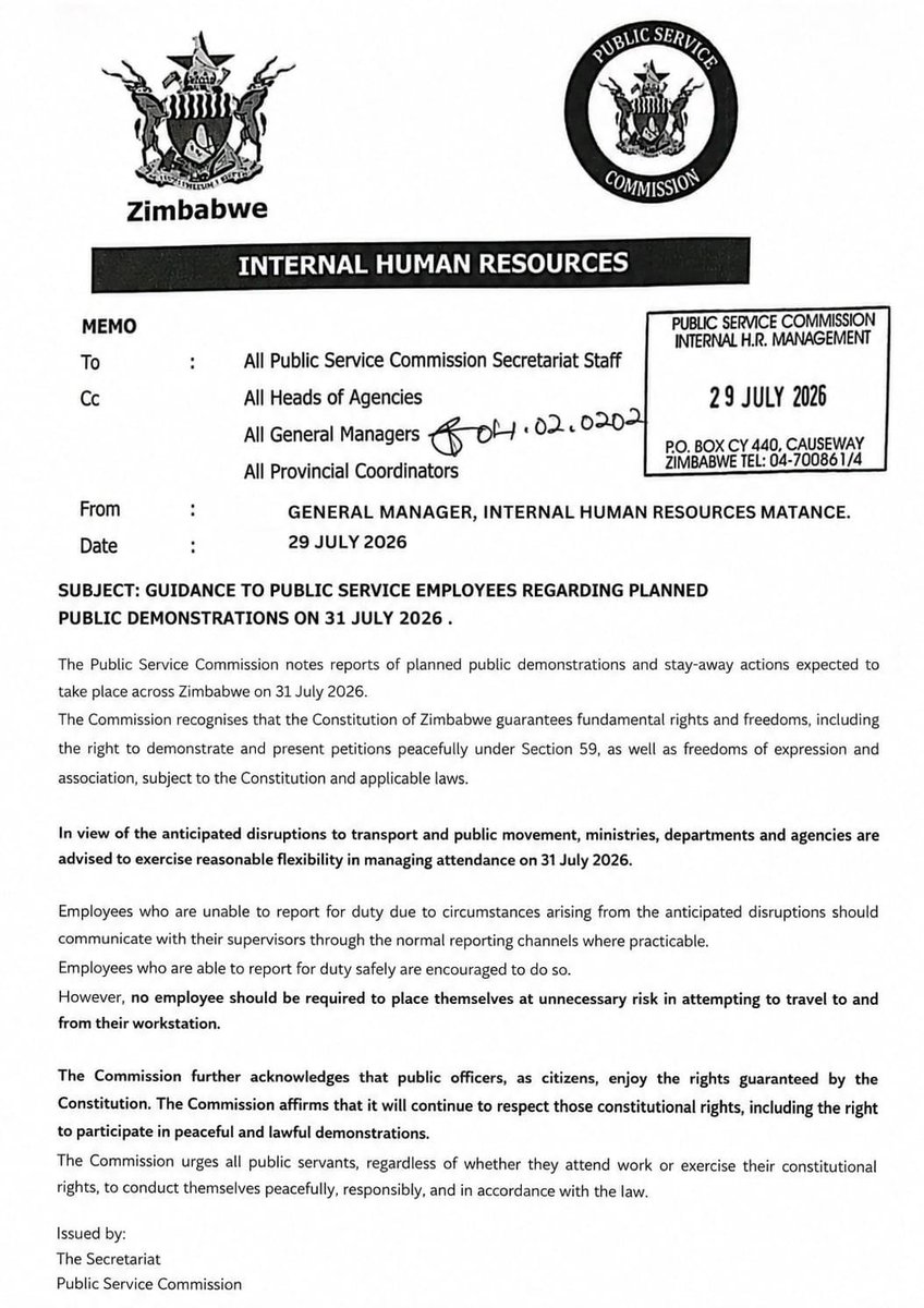 NgarivhumeJ's tweet photo. A number of people have sent me what is said to be an internal Public Service Commission memo. Civil servants have been asking whether it is genuine.

My response is simple: 31 July is a special day that every Zimbabwean should embrace with a sense of responsibility. https://t.co/O7PThiu9NK