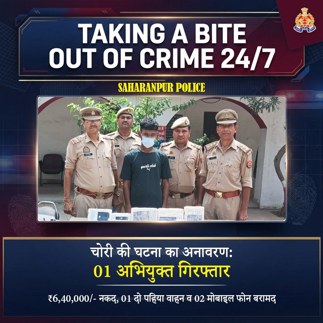 Uppolice's tweet photo. अपराध के प्रति जीरो टॉलरेंस—

चोरी की घटना का @saharanpurpol द्वारा अनावरण कर 01 अभियुक्त को गिरफ्तार करते हुए उसके कब्जे से ₹06 लाख 40 हजार/- नकद, 01 दो पहिया वाहन व मोबाइल फोन बरामद किए गए हैं।

अभियुक्त रात्रि के समय सुनसान मकानों की रेकी कर उन्हें निशाना बनाता था। घटना के दिन उसने बिजली के खंभे एवं बांस की सीढ़ी के सहारे घर में प्रवेश कर अलमारी का ताला खोलकर नकदी चोरी कर ली। चोरी की गई धनराशि का कुछ हिस्सा खर्च कर उसने एक मोबाइल फोन एवं एक सेकेंड हैंड मोटरसाइकिल खरीदी, जिन्हें पुलिस द्वारा बरामद कर लिया गया।

#UPPAgainstCrime 
#GoodWorkUPP