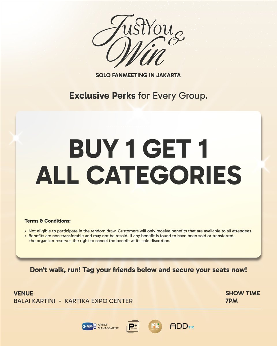 WinmetawinO's tweet photo. A Special Thank You to Our Early Ticket Buyers

From the very beginning, your support has meant everything to us. As a token of our appreciation, we are fulfilling our promise to our early ticket buyers.

This appreciation is exclusively for customers who purchased their tickets between 1 June - 29 July 2026. It is not a new ticket promotion, but a special complimentary ticket for those who supported us from the beginning.

Everyone who purchased tickets during this period will receive ONE (1) complimentary ticket in the same category as their original purchase.

✨ Invite your family or friends and enjoy JUST YOU AND WIN Solo Fanmeeting in Jakarta together!
 📌 Please note:

• The complimentary ticket will be assigned a separate seat from the original ticket holder.
• The complimentary ticket is valid for event admission only.
• Complimentary ticket holders are not eligible for random fan Benefits.
• The complimentary ticket cannot be exchanged, transferred, or resold.

📍 Balai Kartini - Kartika Expo Center, Jakarta
📅 1 August 2026 | 7 PM
🎟️ Tickets: @addtix or https://t.co/EFkoftgD1g

Thank you once again for your trust and support. We look forward to creating unforgettable memories with you and Win Metawin this Saturday!

#YOUANDWINinJKT 
#WinMetawin