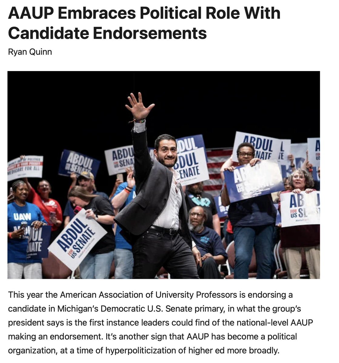 j_kalla's tweet photo. I am not an AAUP member, but I think it is a really bad idea for the American Association of University Professors to be endorsing candidates, especially in a factional Democratic primary. https://t.co/WQHmAP8bgQ