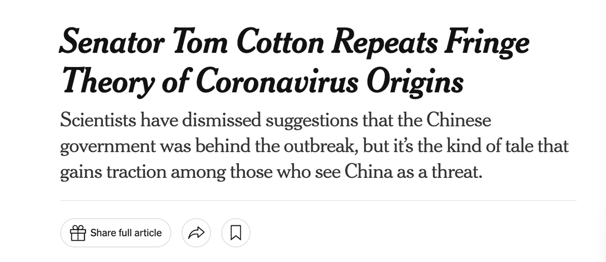 TomCottonAR's tweet photo. In Jan 2020, I said COVID almost certainly came from China's coronavirus lab. 

Tony Fauci's diary confirms that he worked with the media to smear me as a conspiracy theorist, lie to the American people, and cover up for China. 

Fauci is a disgrace and should be prosecuted. https://t.co/vO7uXhUqnc