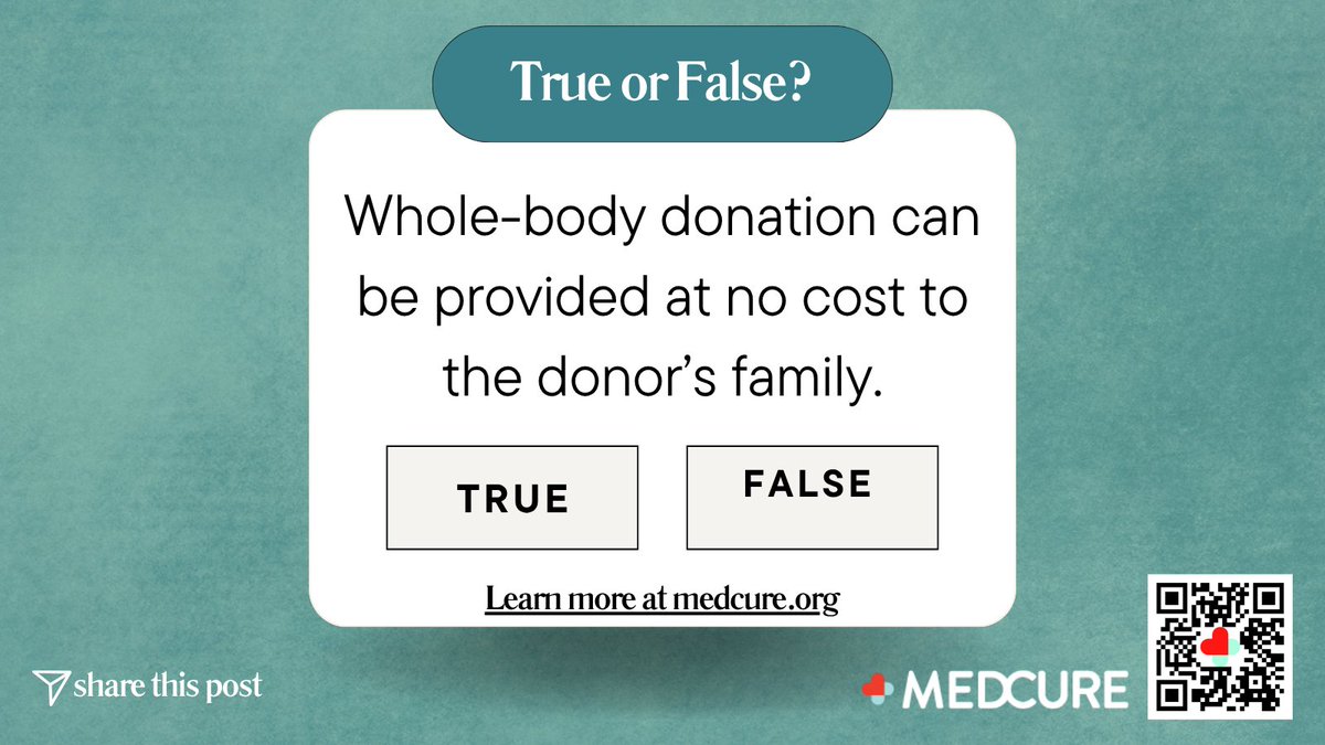 MedCure_'s tweet photo. True or False?
Want to learn more about whole-body donation? Visit https://t.co/cws5q4ssJU for helpful information and resources.
#bodydonation #medicalresearch #medicaleducation #TrueOrFalse #donatetoscience #medcure https://t.co/AU7VUWpSOj