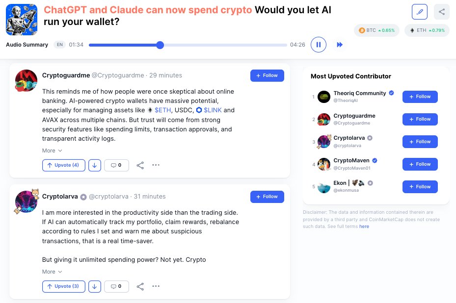CoinMarketCap's tweet photo. HOT TOPIC: AI just got a wallet 🤖

ChatGPT and Claude can now book flights, shop, and pay onchain. There is even an autonomous mode that lets them spend on their own within limits you set.

Would you hand AI your wallet? 👇

https://t.co/uVNyMSANhs https://t.co/0FlAjiO7bB