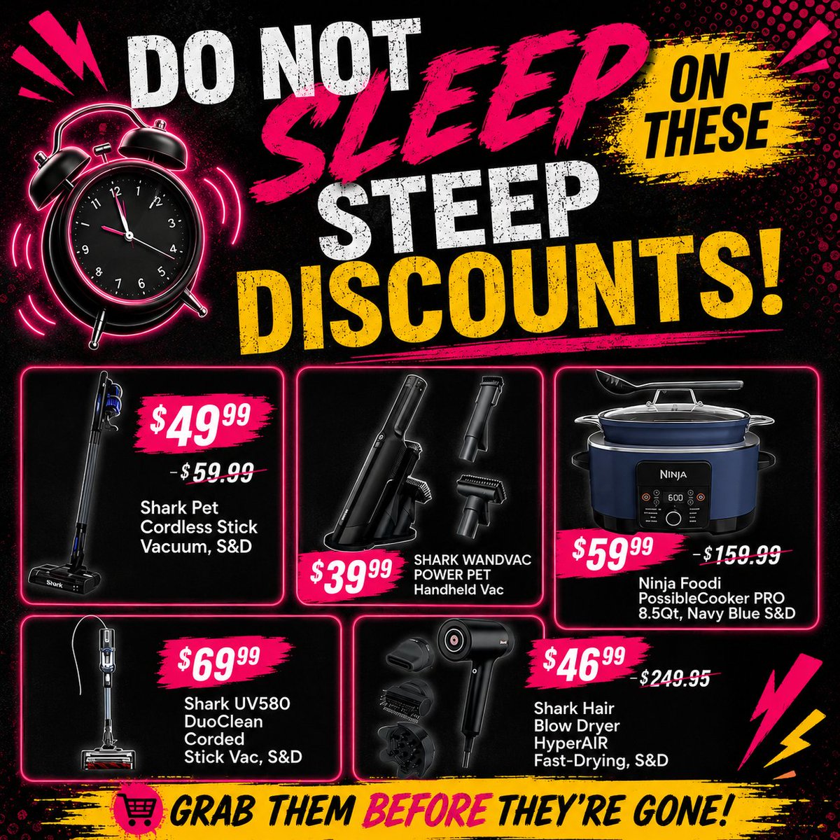 PriceErrors's tweet photo. #ad 🚨 Do not sleep on these steep discounts!

Score huge savings on Shark vacuums, Shark hair tools, the Ninja Foodi PossibleCooker PRO, and more while they’re still in stock.

🛒 https://t.co/M71Gvi1rMA

⏳ Prices can change anytime! https://t.co/WgPuoPXBHo