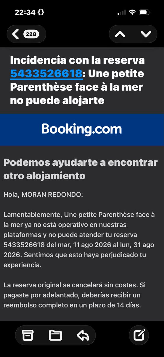 fmoranredondo's tweet photo. Tenía reserva de un apartamento 20 días de vacaciones en @bookingcom y he descubierto que la agencia con quien reservé ha cancelado unilateralmente y me enviaron un mail. Antes de consultar con @consumidores quiero respuestas.  Esta es la fiabilidad? https://t.co/FAYT6miN1o