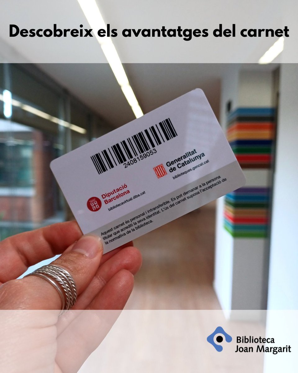 BibJoanMargarit's tweet photo. 📣Sabíes que el carnet de la Xarxa de Biblioteques Municipals de la Diputació de Barcelona t'obre moltes portes? 

✅https://t.co/k0Ts4BI1ll

#BJM #BibliotequesXBM #Cultura #CarnetXBM #Bibliolovers #AvantatgesCarnet #SantJust https://t.co/84s6V4Bo6P