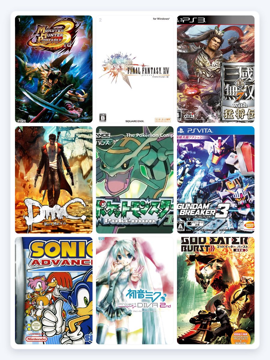 deepseagrass's tweet photo. シリーズごとに初めて遊んだのゲーム作品です、9つだけ選んだですけど🤔
选了9个游戏系列的入坑作 https://t.co/Xk6zg9Yekd