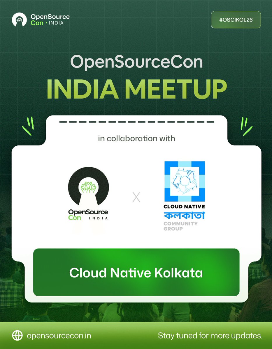 OpenSourceConIN's tweet photo. OpenSourceCon India is collaborating with Cloud Native Kolkata for the upcoming OpenSourceCon India Meetup!

Stay tuned for more updates on agenda, speakers, and registration.

🌐 https://t.co/bx6MyYDGkA

#OSCIKOL26 #OpenSource #CloudNative #KolkataTech https://t.co/6vOnwJopOb