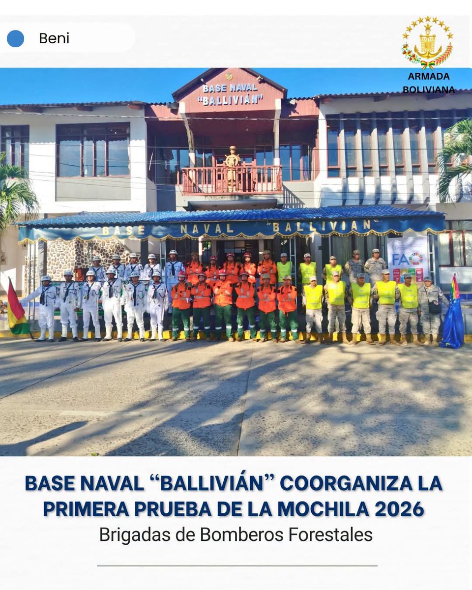 ArmadaBoliviana's tweet photo. 💪🔥 Prepararse hoy es proteger mañana.

La Base Naval "BALLIVIÁN" coorganizó la Primera Prueba de la Mochila 2026 fortaleciendo la resistencia física, el liderazgo y el trabajo en equipo de bomberos forestales para una respuesta más eficaz ante incendios.
⚓ #ArmadaBoliviana ⚓ https://t.co/fmBwNZw5mw