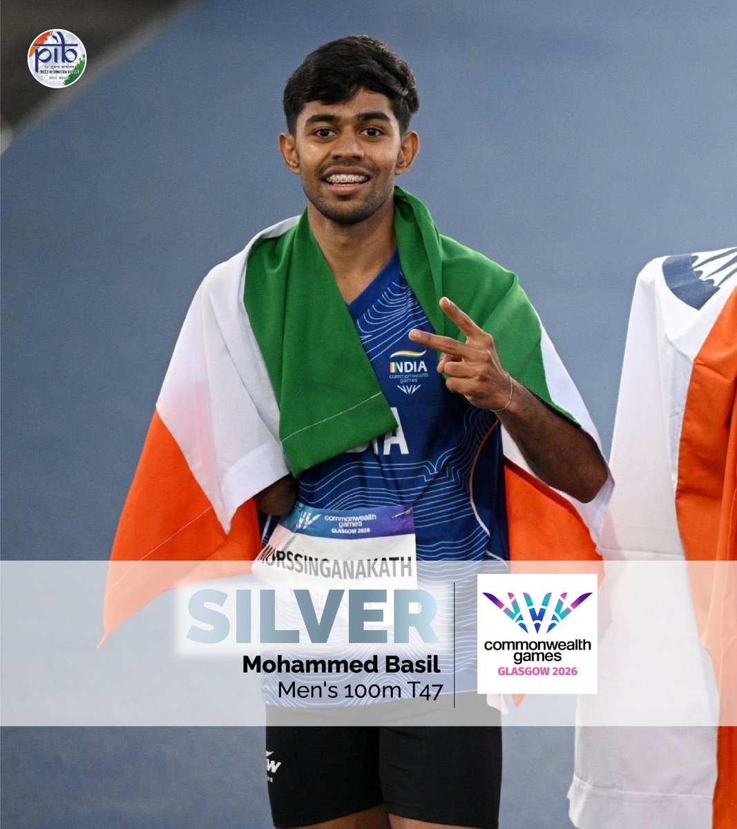 PIB_India's tweet photo. 🥇 Dilip Mahadu Gavit clinches a Gold Medal in the Men's 100m T47 event  

🥈 Murali Sreeshankar bags a Silver Medal in the Men's Long Jump event 

🥈 Mohammed Basil Morssinganakath secures a Silver Medal in the Men’s 100m T47 event 

#CWG2026

(2/2) https://t.co/tKAhjeoqGX