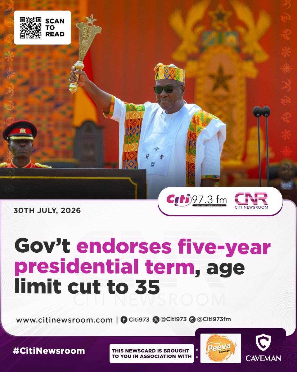 Citi973's tweet photo. The government has accepted a key recommendation of the Constitutional Review Committee (CRC) to extend the tenure of the President and Parliament from four years to five years, Attorney General and Minister for Justice Dr Dominic Ayine has announced.
#CitiNewsroom #CitiFM #GhanaNews

More here: https://t.co/h4oM5Z4jjz