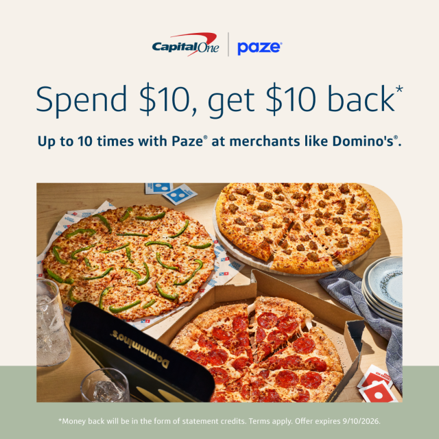 lwenslow's tweet photo. Who doesn't love a good pizza deal? Spend $10 or more at merchants like Domino’s® and earn a $10 statement credit, up to 10 times when you use Paze® online checkout, offered by Capital One. Check out the link for details! Terms apply. Learn more at link. https://t.co/sSSzz0KcB8 https://t.co/YBDS6yE40M