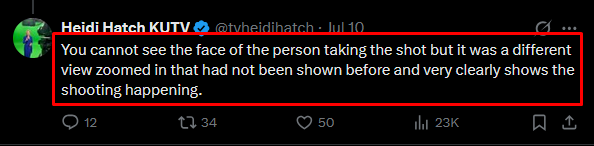 FactsNotFuckery's tweet photo. Meanwhile, local news had it correct the entire time.

‼️KUTV's  Heidi Hatch confirms the zoomed in surveillance video presented in court yesterday was HD and states it very clearly shows the shooting happening.

She also stated they were shown a different view that had not been shown before💥💥