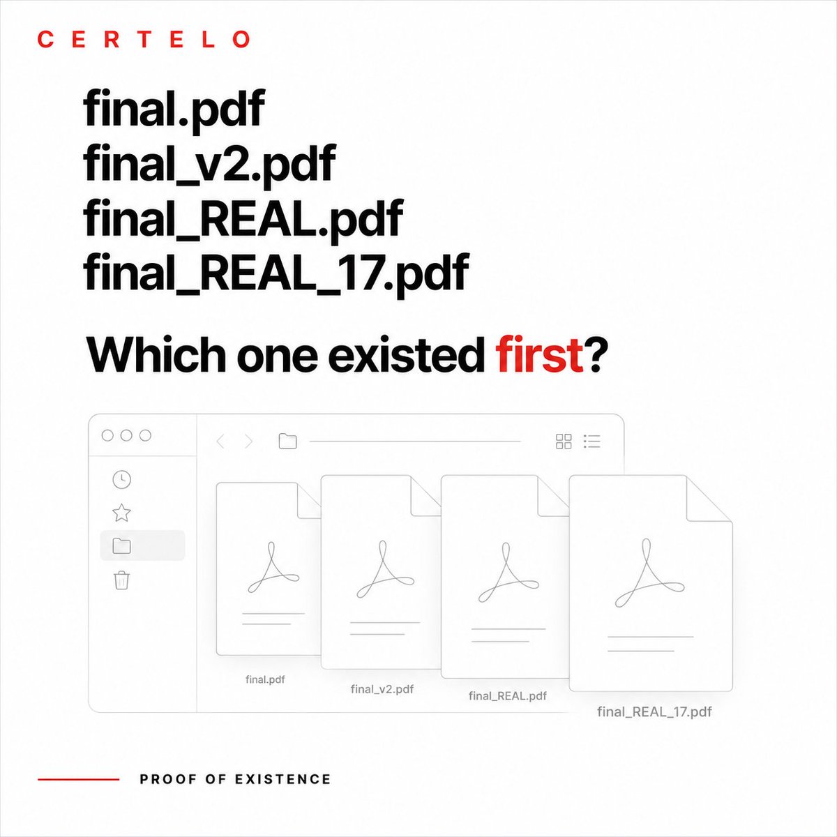 certelo_'s tweet photo. We create.
We revise.
We rename.
We overwrite.

Then one day, the exact version matters.

Not just the idea.

Not just the file.

The specific file, at a specific moment.

https://t.co/9xkxmNwZPc https://t.co/mTDftuV4fu