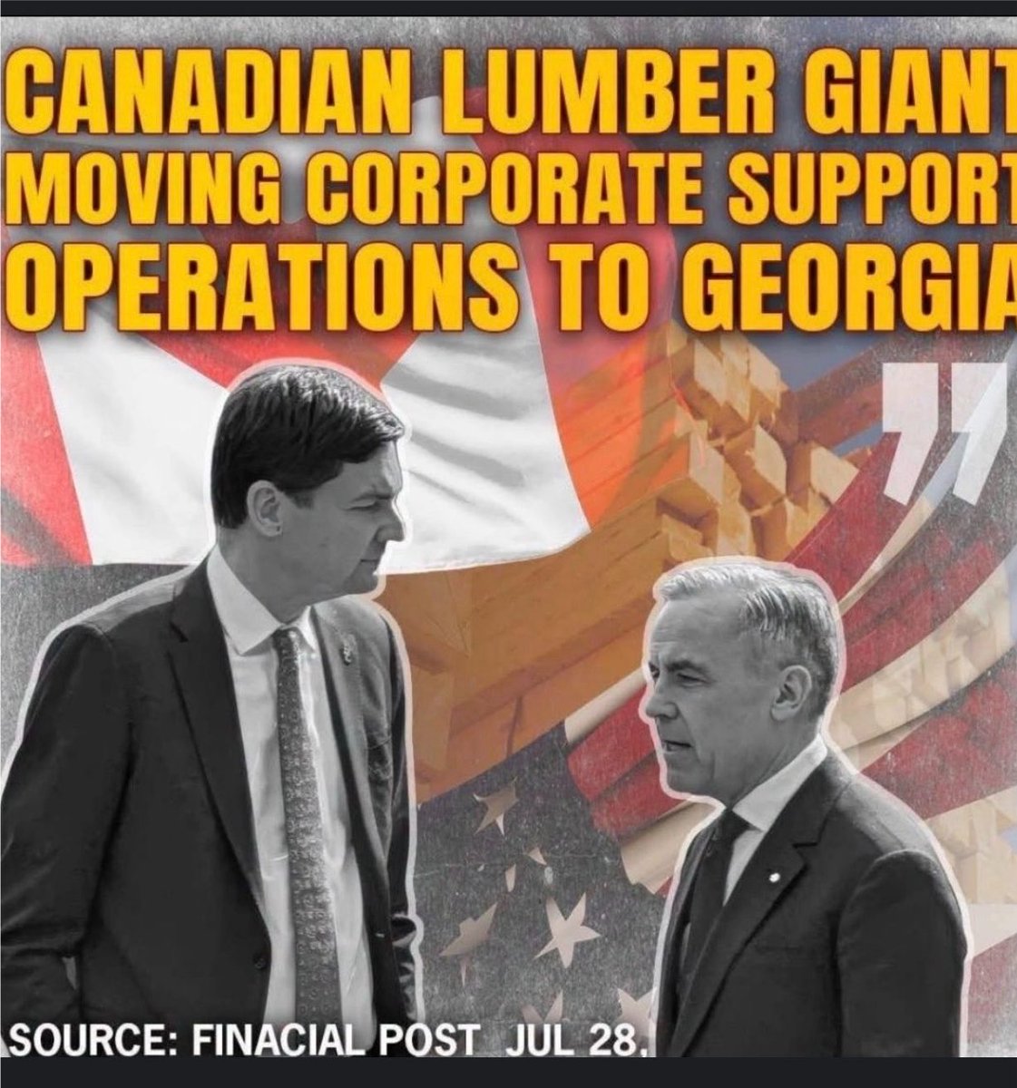 JayGenXer's tweet photo. Interfor just announced it’s moving its corporate support operations from Burnaby to Georgia.

One of Canada’s major lumber companies is shifting the head-office functions south of the border.

This is not an isolated case.
A KPMG survey this month found 42% of Canadian manufacturers have already moved production to the U.S. or are actively planning to.
29% have already done it.
57% have paused, cut, or cancelled capital investment in Canada.

Eleven years of Liberal government.
✅ High taxes.
✅ Crushing regulation.
✅ Energy policy that chases capital away.
✅ Endless uncertainty.

The result is exactly what you’re watching:
Canadian companies voting with their feet while the “master negotiators” pose for photos.

What’s left of the productive economy is shrinking in real time.

Link 🔗 in thread
