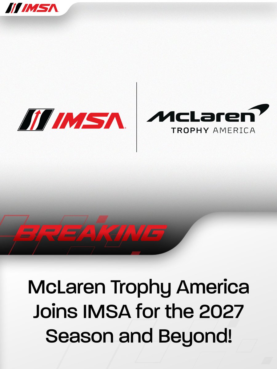 IMSA's tweet photo. IMSA is excited to confirm that it will sanction McLaren Trophy America from the start of the 2027 season after the signing of a long-term deal. The move reflects the continued growth of McLaren’s high-performance racing platform, McLaren Trophy.
 
#McLarenTrophy #IMSA https://t.co/kRB6GBC0Sg