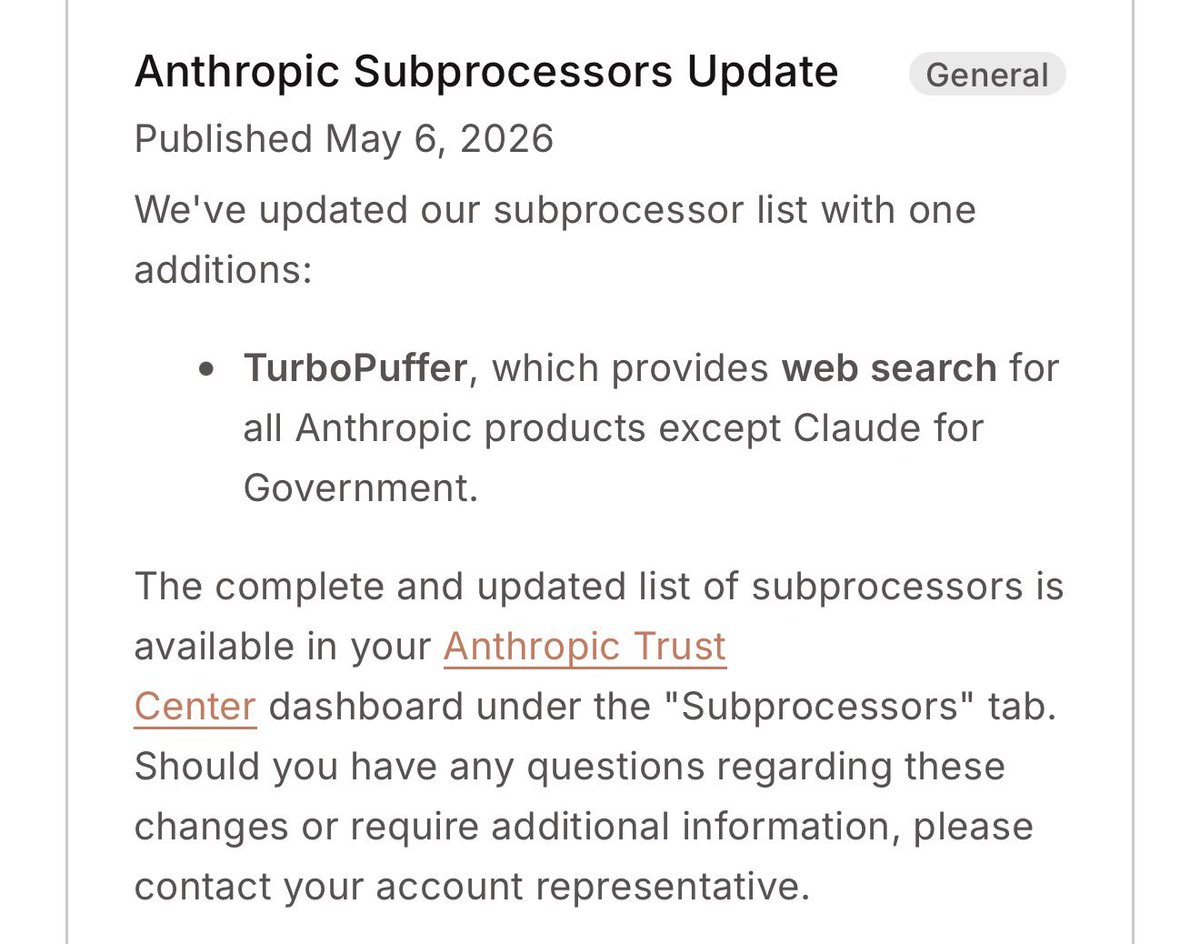 simonw's tweet photo. ... only now they list TurboPuffer as well, that's new as-of May this year

So I guess Anthropic are running search out of their own index now as well, but didn't tell anyone except for that one update to their Subprocessors list? https://t.co/CGJKmyf4TM