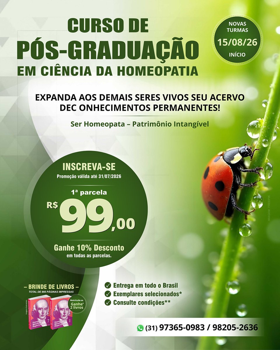 CursoHomeopatia's tweet photo. CURSO DE PÓS-GRADUAÇÃO EM CIÊNCIA DA HOMEOPATIA

CURSO EM 12 MESES -  AULAS AO VIVO E AULAS GRAVADAS

📍 MATRICULE-SE na turma de Agosto/2026!
INÍCIO: 15 e 16/08/2026
DURAÇÃO: 12 meses
CARGA HORÁRIA: 800h
CERTIFICADO.

🌐 https://t.co/VFyTrAd7q5
📞 (31) 98205-2636 / 97365-0983 https://t.co/TMRmf1mHWa
