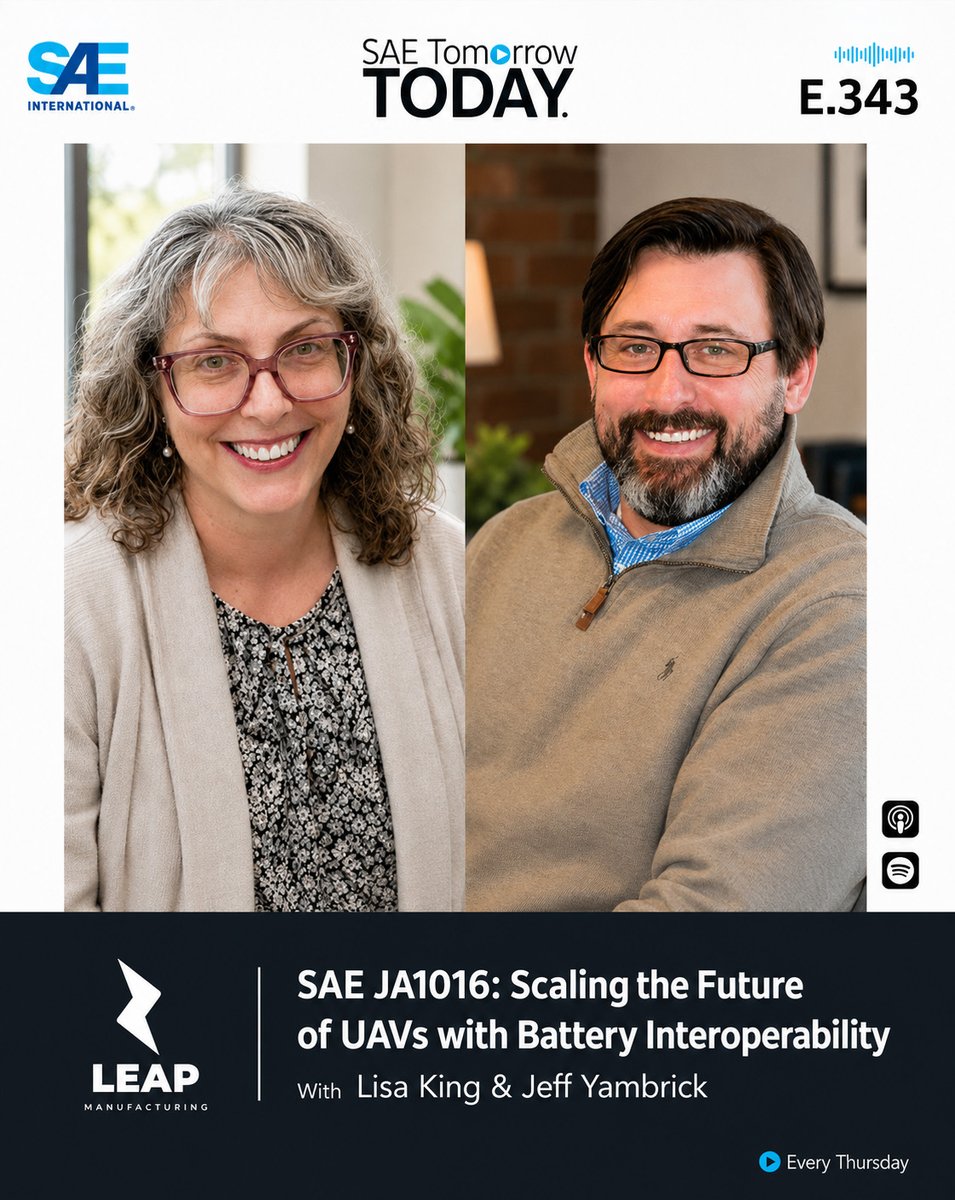 SAEIntl's tweet photo. UAVs are gaining traction &amp; battery standards play a critical role. Hear from Jeff Yambrick &amp; Lisa King, members of the SAE Battery Cell Size Standardization Committee, on how SAE JA1016 is helping scale the next gen of autonomous flight. https://t.co/gLNjMYksr8 #SAETomorrowToday https://t.co/PFNL8JYIYl