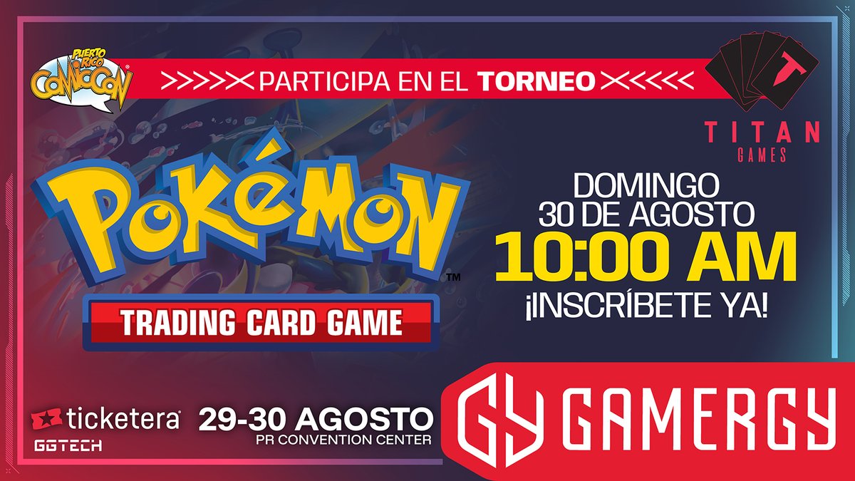 PRCOMICCON's tweet photo. ¿Tienes lo que se necesita para ser el mejor competidor TCG de Puerto Rico? ¡Demuéstralo en los Torneos TCG de GAMERGYPR! ¡ 🏆 Premios garantizados en los 4 torneos!

📅 Itinerario:
🗓️ Sábado
🃏 Riftbound (League of Legends) — 10:00 AM
🃏 One Piece — 12:00 PM

🗓️ Domingo
🃏 Pokémon TCG — 10:00 AM
🃏 Yu-Gi-Oh! — 11:00 AM

🎮 Inscripciones:
🃏 Pokémon TCG: https://t.co/UsEQ5biG56
🃏 Riftbound: https://t.co/NSP9KgP5OI
🃏 Yu-Gi-Oh!: https://t.co/HxSGA6z7q3
🃏 One Piece: https://t.co/wNlxWnJtMd

✅ Registro incluido con tu boleto del evento. ¡Cero inscripción adicional!
⚡ Traído por @titangamespr 

📍 @PRConvention 
🎟️ Boletos exclusivamente en @Ticketera: https://t.co/zv13QEW9Mq ¡Cantidades limitadas!

GAMERGYPR es mucho más que gaming: es estrategia, es competencia, es la gloria de todo Geekrican coleccionista.

¡Dale al Start, Geekrican! 🆙

Conoce más sobre GAMERGYPR aquí:
🎥 https://t.co/90h9WU1mI8
ℹ️ https://t.co/pZeijaedsf

#GAMERGYPR #PRComicCon #Geekrican #TCG #Pokemon #YuGiOh #Riftbound #OnePiece #PuertoRico #Convention #Torneo