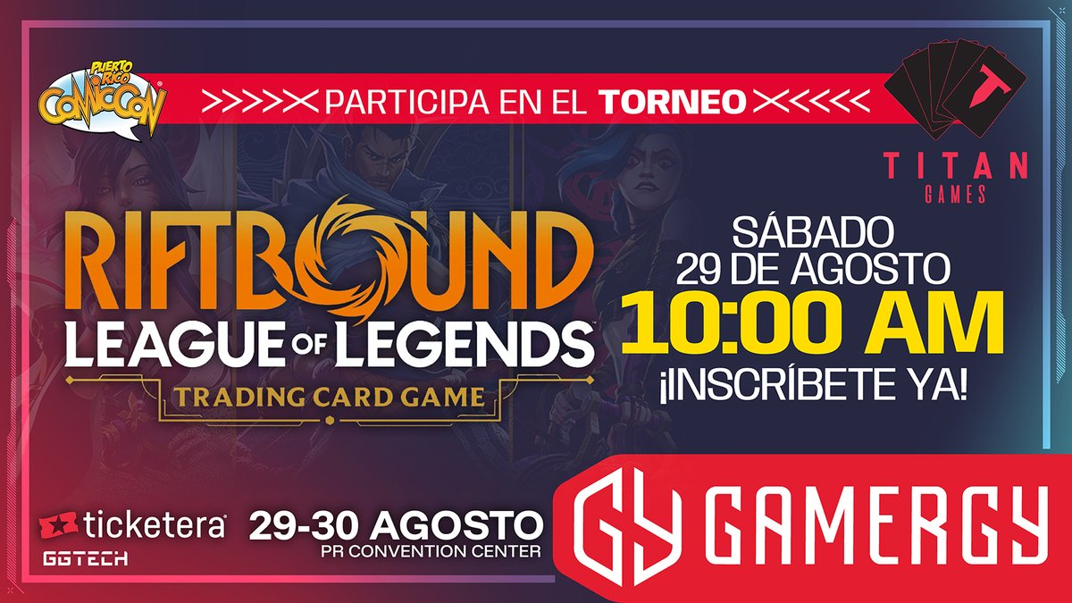 PRCOMICCON's tweet photo. ¿Tienes lo que se necesita para ser el mejor competidor TCG de Puerto Rico? ¡Demuéstralo en los Torneos TCG de GAMERGYPR! ¡ 🏆 Premios garantizados en los 4 torneos!

📅 Itinerario:
🗓️ Sábado
🃏 Riftbound (League of Legends) — 10:00 AM
🃏 One Piece — 12:00 PM

🗓️ Domingo
🃏 Pokémon TCG — 10:00 AM
🃏 Yu-Gi-Oh! — 11:00 AM

🎮 Inscripciones:
🃏 Pokémon TCG: https://t.co/UsEQ5biG56
🃏 Riftbound: https://t.co/NSP9KgP5OI
🃏 Yu-Gi-Oh!: https://t.co/HxSGA6z7q3
🃏 One Piece: https://t.co/wNlxWnJtMd

✅ Registro incluido con tu boleto del evento. ¡Cero inscripción adicional!
⚡ Traído por @titangamespr 

📍 @PRConvention 
🎟️ Boletos exclusivamente en @Ticketera: https://t.co/zv13QEW9Mq ¡Cantidades limitadas!

GAMERGYPR es mucho más que gaming: es estrategia, es competencia, es la gloria de todo Geekrican coleccionista.

¡Dale al Start, Geekrican! 🆙

Conoce más sobre GAMERGYPR aquí:
🎥 https://t.co/90h9WU1mI8
ℹ️ https://t.co/pZeijaedsf

#GAMERGYPR #PRComicCon #Geekrican #TCG #Pokemon #YuGiOh #Riftbound #OnePiece #PuertoRico #Convention #Torneo