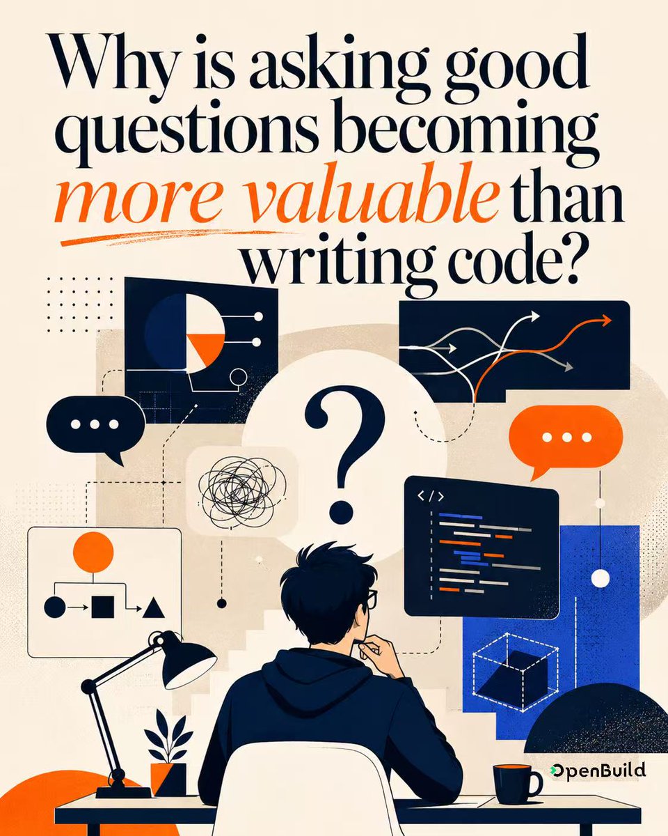 OpenBuildxyz's tweet photo. Why is asking good questions becoming more valuable than writing code?

A few years ago, being able to code already made you stand out.
Now AI can write a lot of the code for you. The harder part is knowing what to ask it to build in the first place.

🚩1. More people can build. Not everyone knows what is worth building.

AI is pretty good at answering “How do I make this?”

But it cannot fully decide what the real problem is, who you are solving it for, or whether the idea makes sense at all.
When the question is unclear, faster answers do not help much.

🚩2. Asking a good question means you have already done some thinking.

You need to know what you want, what matters, what the limits are, and what you are willing to leave out. That is less about execution and more about judgment.

Once those decisions are clear, the code is often the easier part.

🚩3. AI can also help you go in the wrong direction faster.

Give it a vague or badly framed problem, and it may still produce something that looks polished and convincing.
That is the dangerous part.
The output can look good even when the direction is wrong.

🚩4. The tool is usually not the biggest difference.

Two people can use the same model. One gets what they need in five minutes. The other keeps rewriting prompts for hours.

Most of the time, the difference is whether they understand the problem well enough to ask the right question.

Coding is becoming easier to access. But knowing what to ask is becoming harder to replace.

When you use AI, do you struggle more with how to ask, or with knowing what to ask?

#AI #PromptEngineering #FutureOfWork