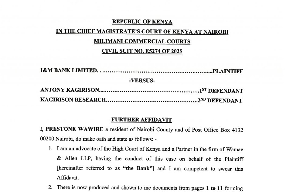 KagiriResearch's tweet photo. The latest affidavit filed on behalf of I&M Bank (@imbankke) is sworn NOT by a company officer, but by the Plaintiff's advocate on record from @WamaeAllen. This is the third different deponent to swear affidavits on behalf of the Plaintiff during the course of these proceedings.
I&M Bank's Further Affidavit contained statements regarding the Court's orders and directions that I was unable to reconcile with the court documents available to me. Those apparent inconsistencies prompted me to request an administrative inquiry from the Office of the Judiciary Ombudsman (under @Kenyajudiciary) concerning the completeness, accuracy and consistency of the court record.