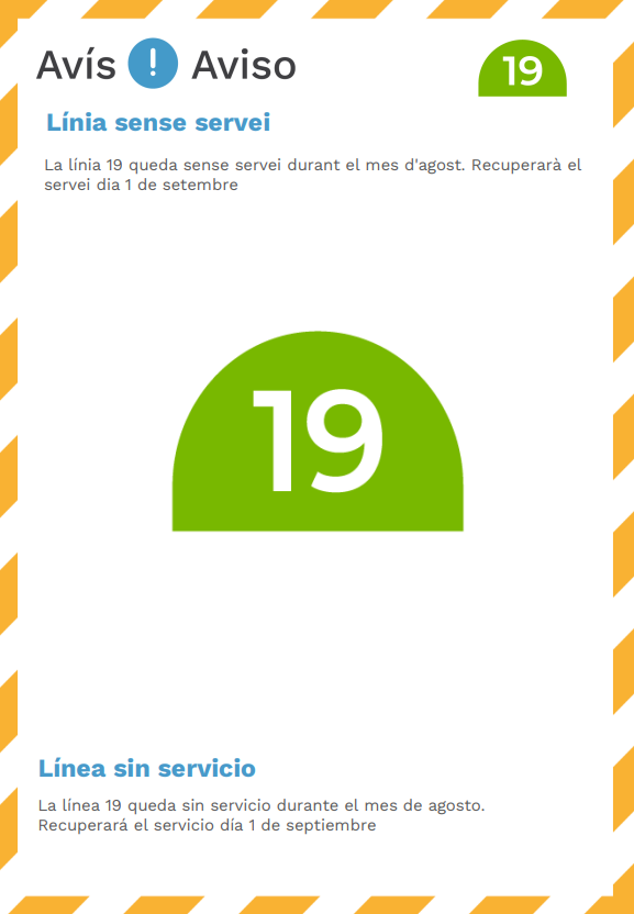 EMT_Palma's tweet photo. #AvisosEMT ⚠️La línia 19 queda sense servei durant el mes d'agost. Recuperarà el servei l'1 de setembre. Consulta els detalls!
-
⚠️La línea 19 queda sin servicio durante el mes de agosto. Recuperará el servicio el 1 de septiembre. ¡Consulta los detalles! https://t.co/QV0F7qDVLv