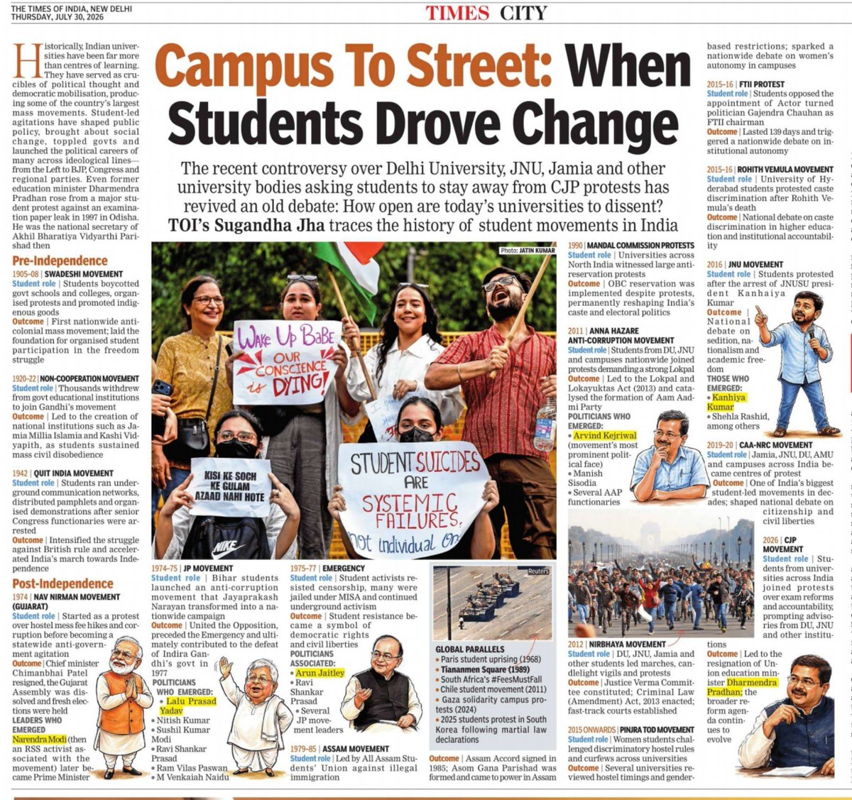 jhasugandha10's tweet photo. Before they became prime ministers, chief ministers &amp; national leaders, many were student protesters.

As universities today increasingly ask students to stay away from protests,
here's a look at agitations led by them that won freedom, toppled govts and shaped modern India. https://t.co/1fOkFzCvt5