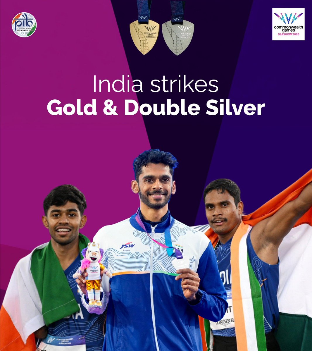 PIB_India's tweet photo. India shines at the Commonwealth Games! 🇮🇳

Congratulating our champions for their stellar performances at Glasgow Commonwealth Games 2026!✨

#Cheer4Bharat #CWG2026 #IndiaATCWG @IndiaSports @YASMinistry 

(1/2)