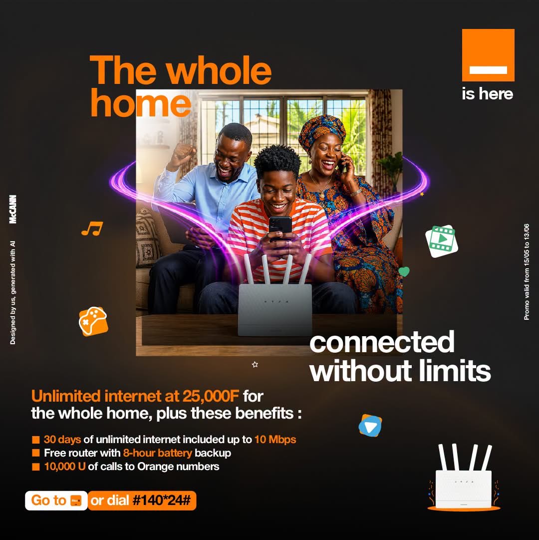 Orange_Cameroun's tweet photo. Keep the whole family connected with Zero limits! 🏠⚡
For just 25,000 F, get:
🟧 30 days of unlimited internet (up to 10 Mbps)
🟧 Free Box with 8-hour battery backup 🔋
🟧 10,000 U of Orange call credit
👉 On the Max it app or dial #140*24#.
#OrangeIsHere #HomeInfinity https://t.co/B6cKPO9vVI