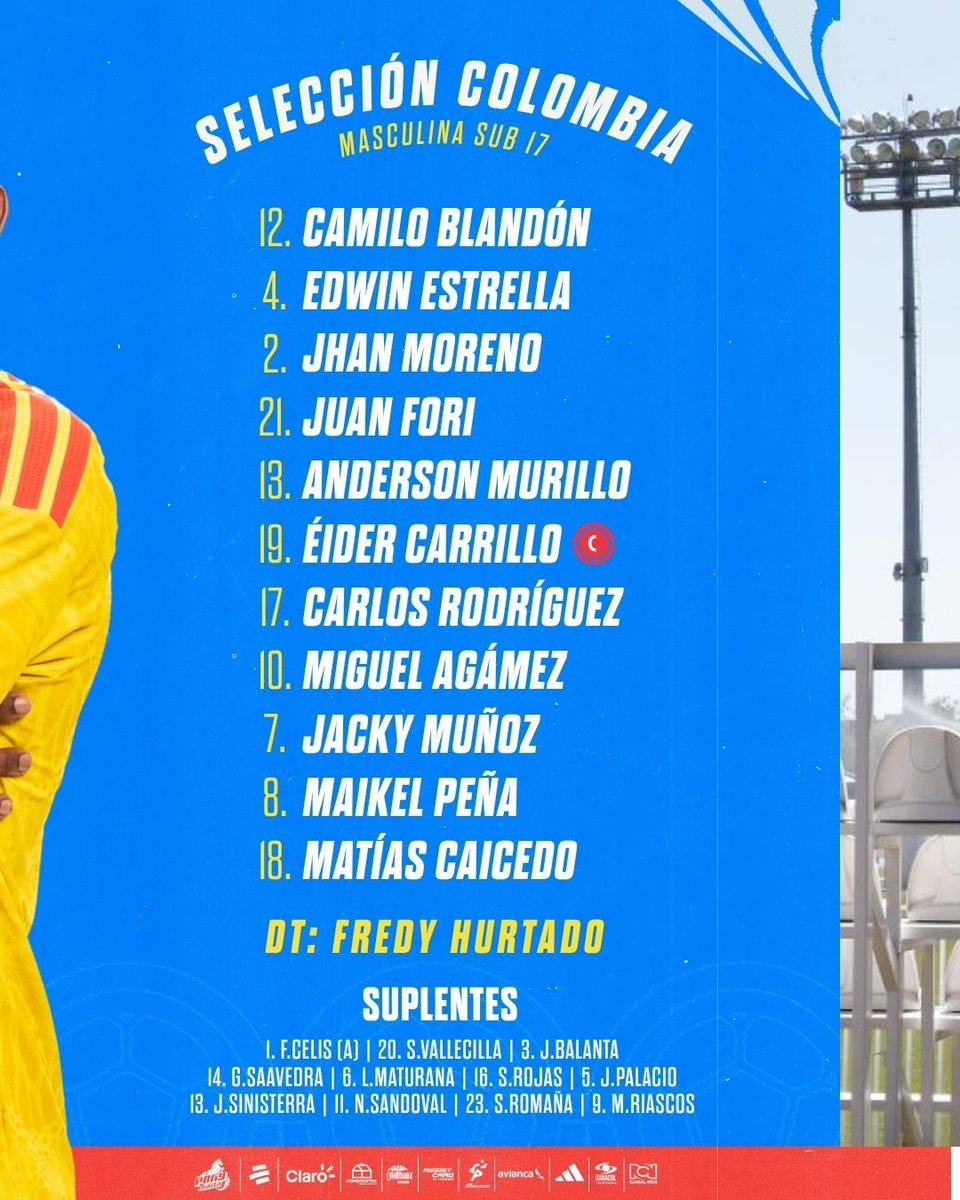 FCFSeleccionCol's tweet photo. 🚨 𝗧𝗜𝗧𝗨𝗟𝗔𝗥

Así formará nuestra Selección Colombia Sub 17 para enfrentar a 🇨🇱 en el Amistoso Internacional.

#LaSeleNosUne🇨🇴 https://t.co/Sf36b1vIym