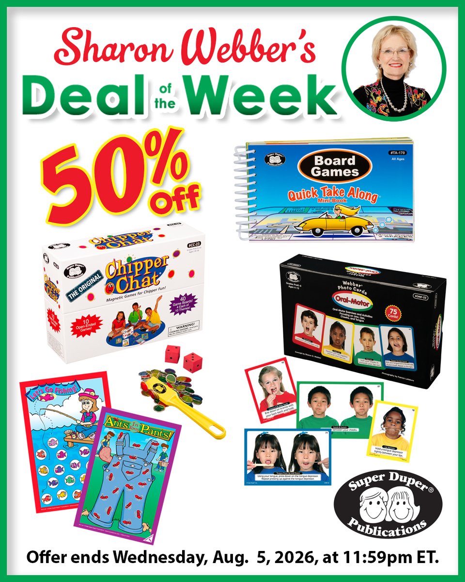 SuperDuperPub's tweet photo. Sharon Webber's Deal of the Week is here! Save 50% off on speech and language resources designed to make learning fun, engaging, and effective! 🛒Order now at https://t.co/DbzUPggOvK! https://t.co/n6ClqwxaOX